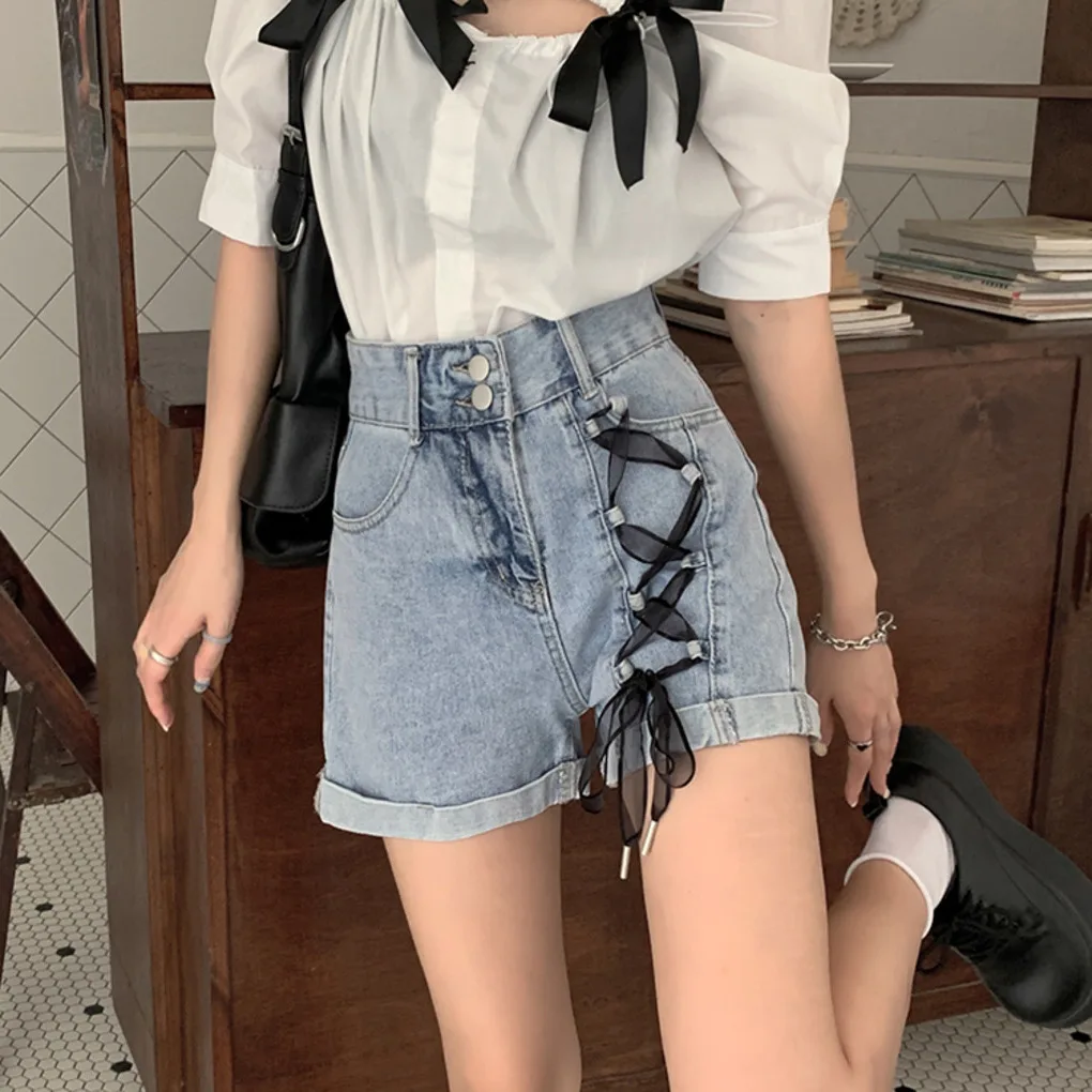 

Шорты женские джинсовые с завышенной талией, модные облегающие классические короткие штаны из денима с кружевом, в стиле Харадзюку, лето 2023