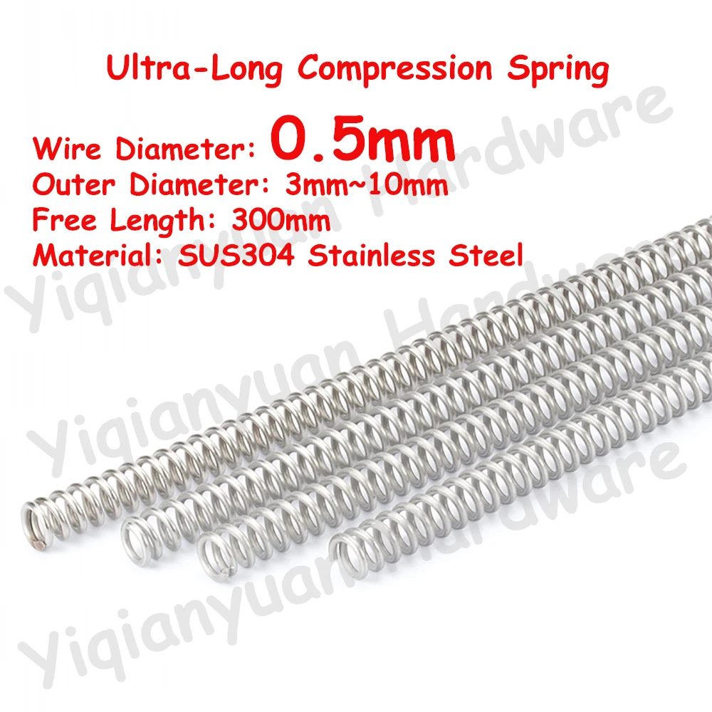 

2Pcs Wire Diameter φ0.5mm SUS304 Stainless Steel Compression Spring Free Length 300mm OD 3mm ~ 10mm Ultra Long Pressure Spring