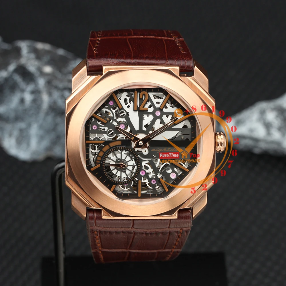 

Octo Finissimo Skeleton 8 Days 103667 Automatic Mens Watch Rose Gold Black Dial Brown Leather Clone 2023 Top Brand New Luxury