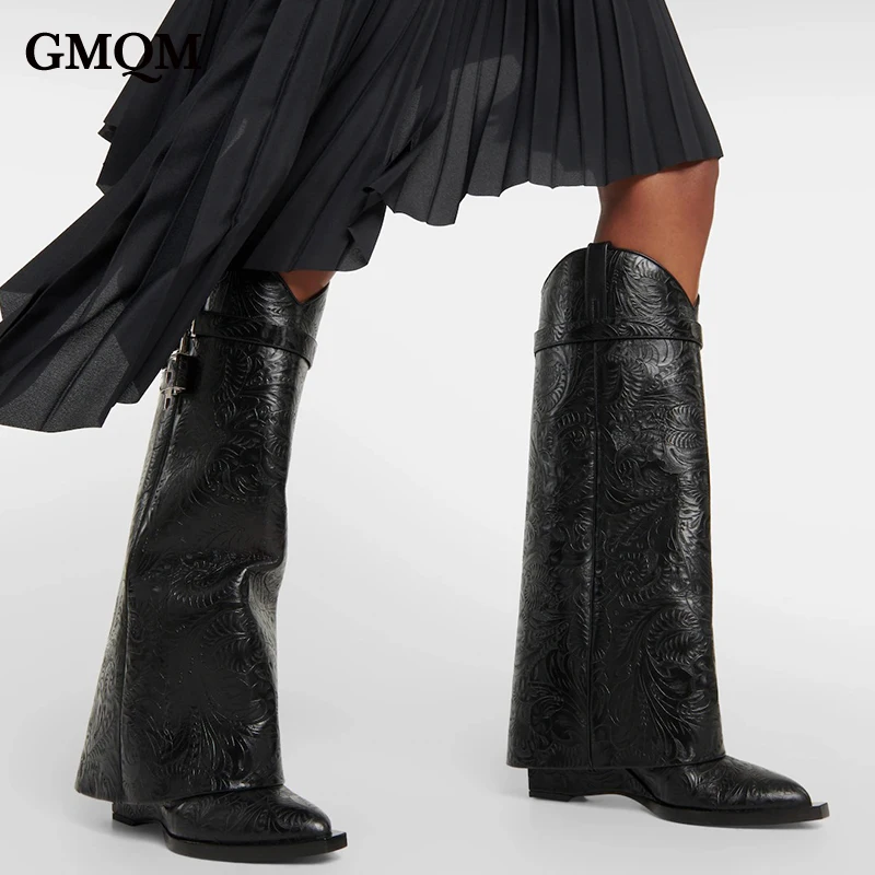 Женские модные черные сапоги GMQM с принтом новинка до колена замком в виде акулы