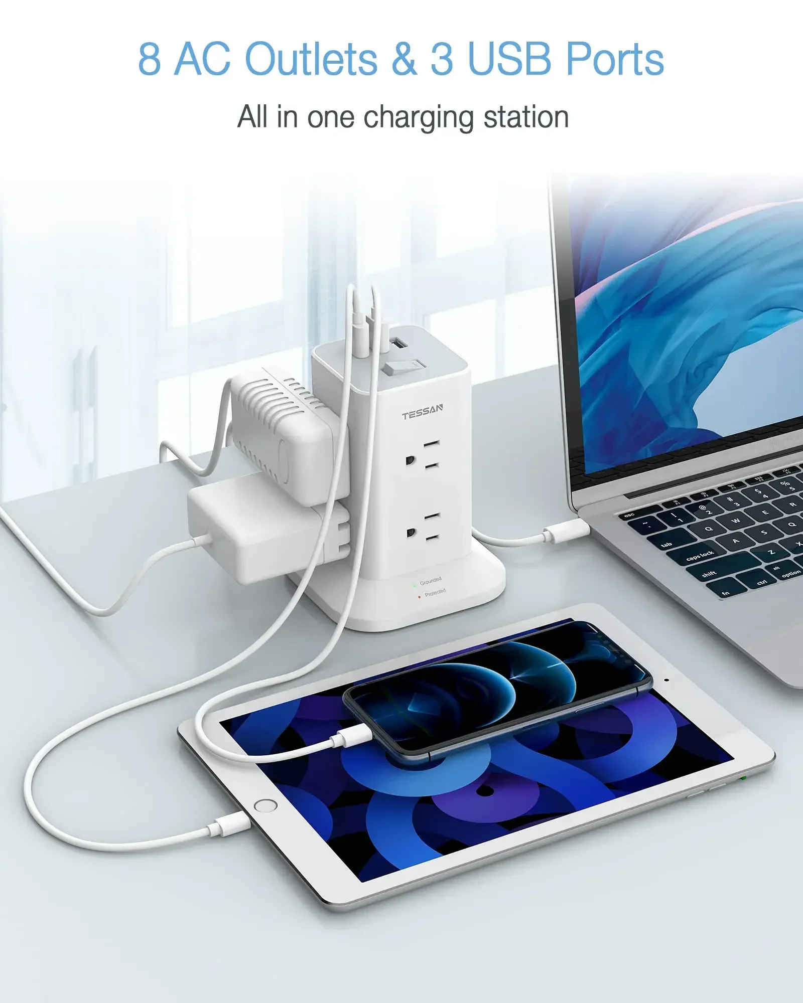 Сетевой удлинитель с защитой от перенапряжения плоский башни TESSAN 11 розетками