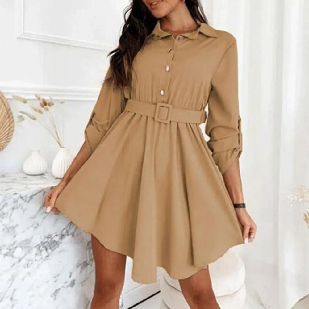 

Women Shirt Dress Turn-Down Collar Roll-up Sleeves Belt Dress Solid Color Single Breasted Shirt Dress Female Clothing