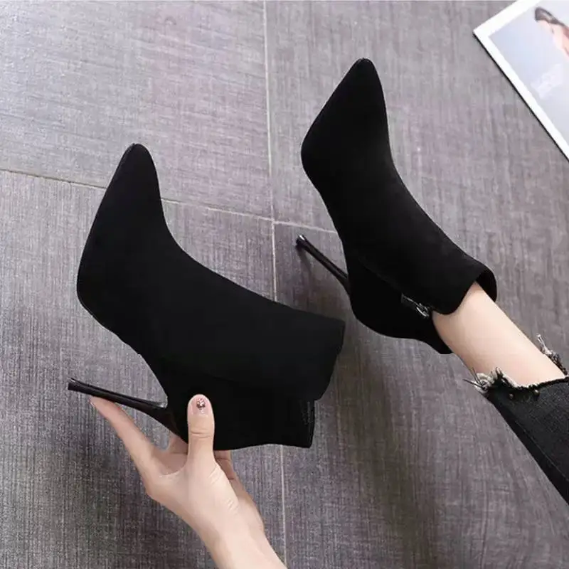 

Short Boots Women 2022 Autumn/Winter High Heel Shoes Sexy Black Stiletto Pointed Toe Side Zipper Botines Casual Botas De Mujer