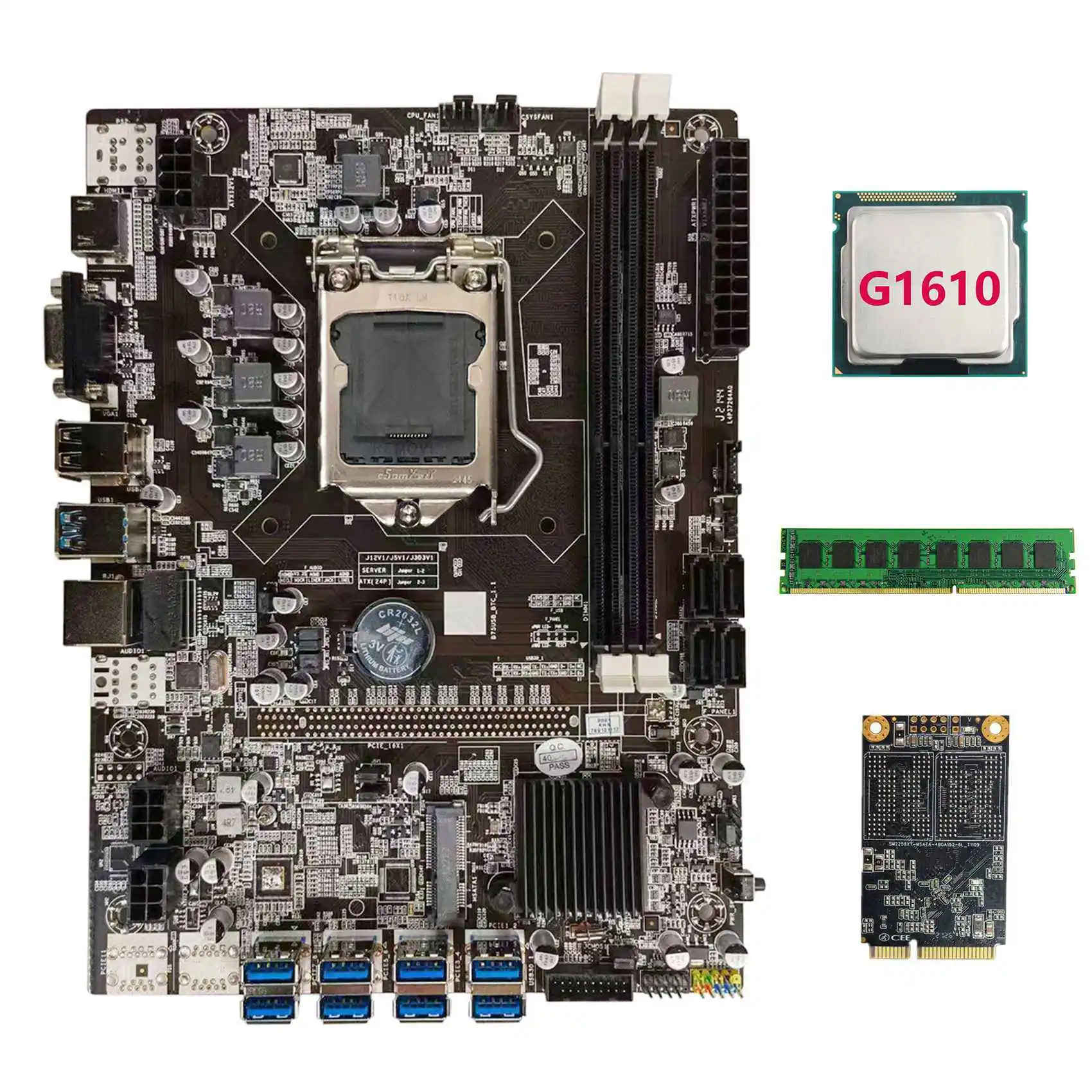 

Материнская плата B75 USB BTC для майнинга + процессор G1610 + DDR3 4 Гб 1600 МГц ОЗУ + 128G MSATA SSD LGA1155 8xpcie к USB B75 BTC материнская плата