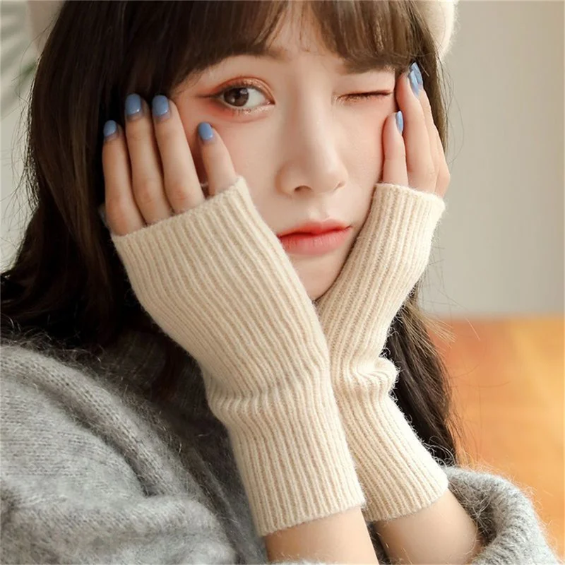 

Новинка 2023, корейские женские перчатки с открытыми пальцами на осень и зиму, шерстяные теплые студенческие толстые вязаные перчатки с сенсорным экраном