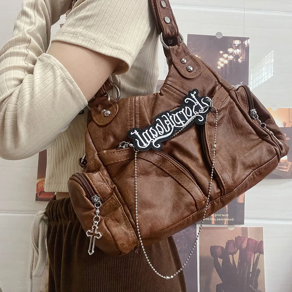 

Harajuku Soft Shoulder Bags Female Vintage Y2k Gothic Multi Pockets Women's Bag Trend Large Capacity Bolso Mujer