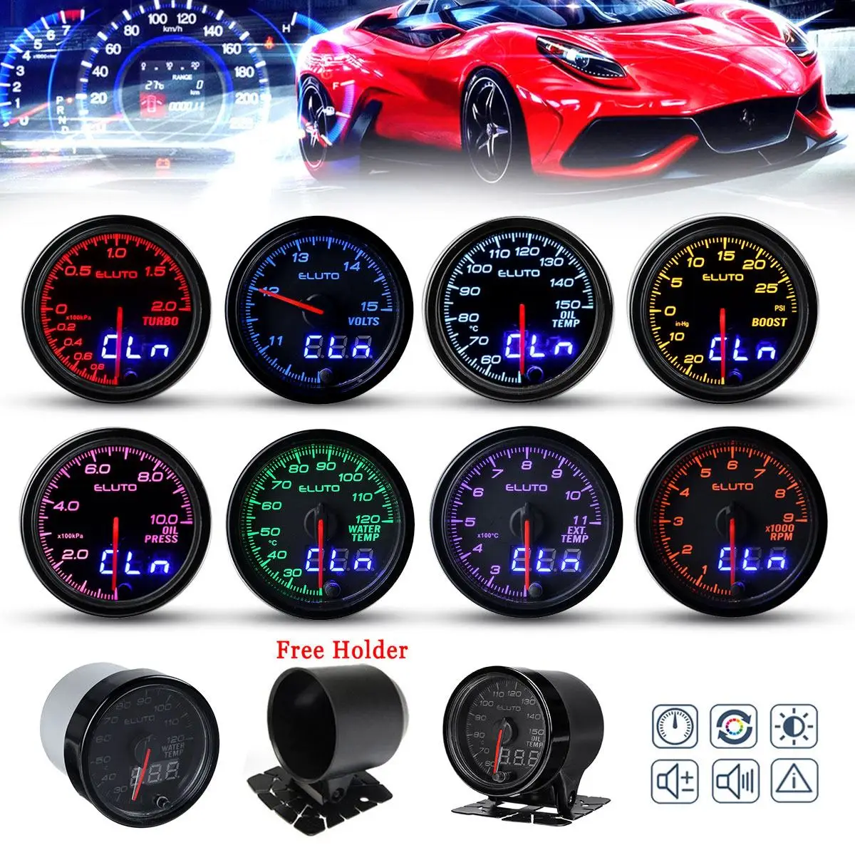 

Universal 2'' 52mm Car Meter Turbo Boost PSI/BAR Water Temp Oil Press Oil Temp Tachometer Voltage Exhaust Gas Temperature Gauge