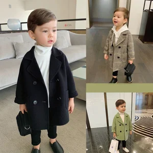 Winter Grid Jackets Boys Girl Woolen Double-breasted Baby Boy Trench Coat Lapel Autumn Kids Outerwear Coats Spring Wool Overcoat