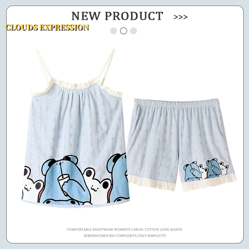 

Summer New Sexy Spaghetti Strap Pijamas Girls Sleeveless Sleepwear Loungewear Pajamas Sets Short Kawaii Pijamas femme Homewear