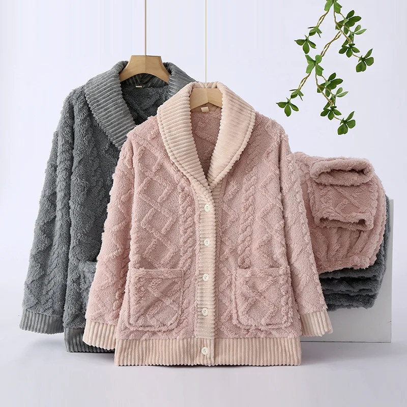 New winter couple pajamas set thickened flannel long-sleeved trousers two-piece set men and women loose home wear pajamas