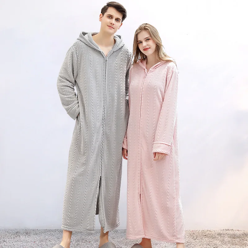 Autumn Winter Zipper Bathrobe Hooded Robe Couple Thickened Pajamas Facecloth Women Men Long Comfortable Nightgown Homewear
