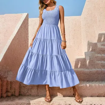 Fashion Tiered Ruffles Long Dresses for Women Vestido 2023 Summer Solid Holiday Beach Dress Smocked Loose Party A-line Dress 1