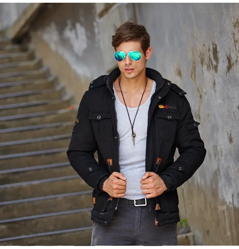 Мужская теплая куртка Бомбер с капюшоном повседневная хлопковая в стиле