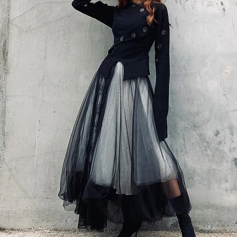 

Women Vintage Lace Stitching Gothic White Black Pleated Maxi Skirts 2023 Female Long Luxury Soft Tulle New Tutu Skirt Petticoat