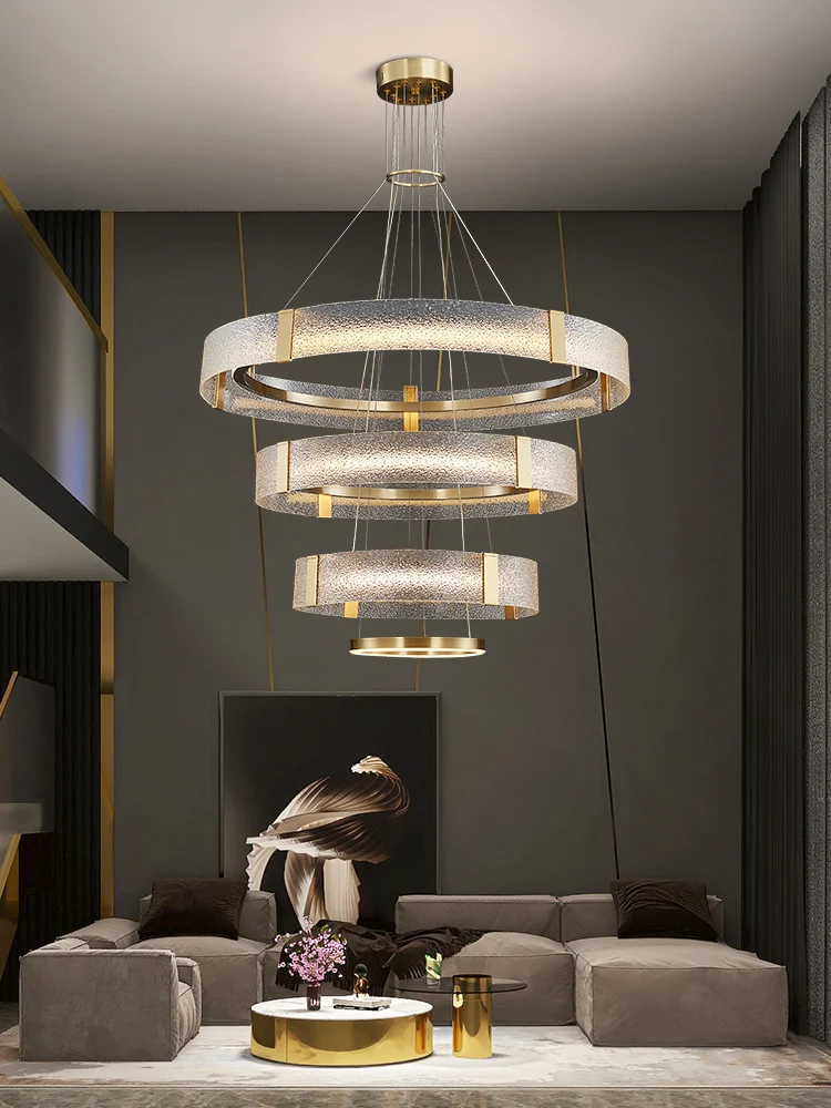 

Duplex Building Living Room Chandelier Modern Minimalist Villa Light Luxury High-End Enamel Color Toroidal Tea Room Copper Lamps