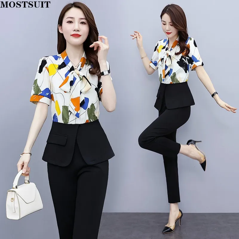 

Summer Elegant 2 Piece Set Women Fashion Short Sleeve Bow Tie Chiffon Patchwork Printed Top + Pencil Pants Suits Outfits 2022