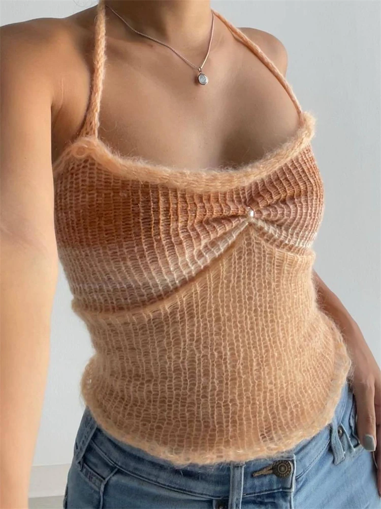 Лето 2022 г. вязаные сексуальные женские топы на бретельках с лямкой шее Y2K открытая