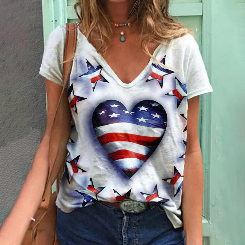 

2023 new National Flag Printed T-Shirt Fashion Women T Shirts Short Sleeve V-Neck Streetwear Casual Y2k Cool Girls Tops