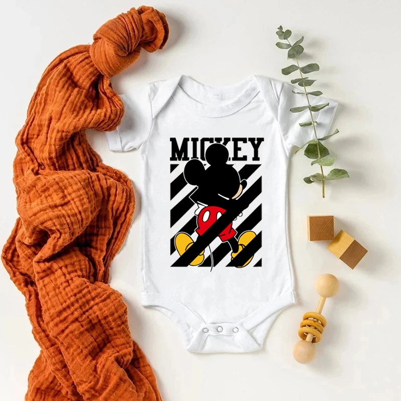 

Disney Mickey Mouse Cartoon Print Romper Baby O-Neck Short Sleeve Jumpsuit Baby Clothes Cute Cotton New Style Graphic Bodysuits