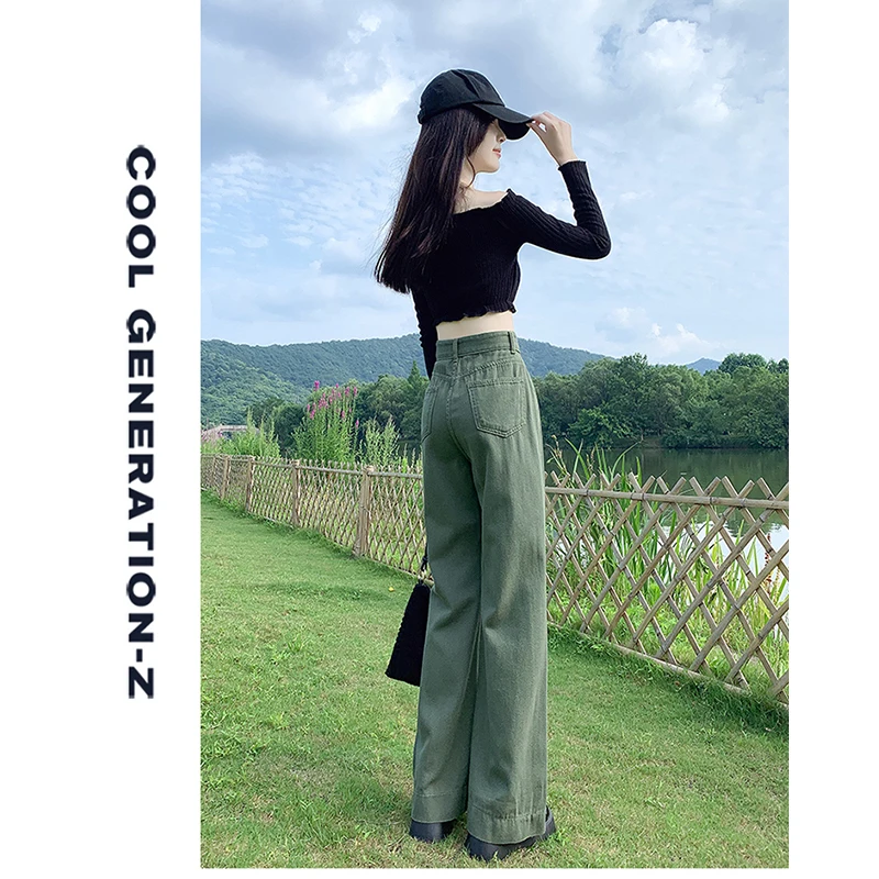 Real time high waisted jeans for women in 2023 high street spring and summer army green loose fitting wide leg pants