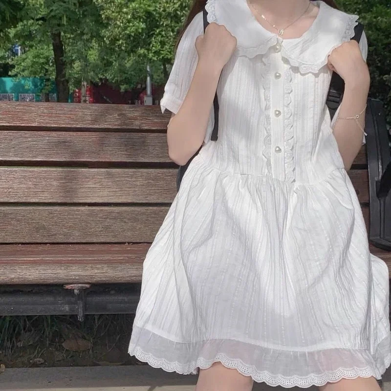

Ruffle Elegant Dresses Peter Pan Colalr Button Summer Kawaii White Lolita Dress Women Soft Girl Sweet Princess