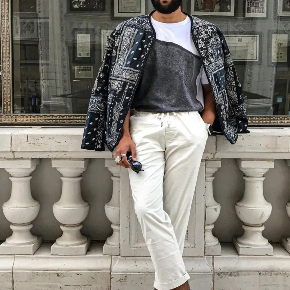 

Simple Men Jacket Round Neck Windproof Smooth Zipper Cashew Nut Retro Pattern Print Jacket