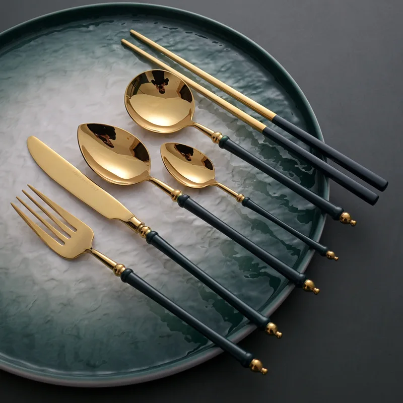 

Chinese Wand Lot 304 Stainless Steel Grandmother Green Golden Row Knife Fork Japanese Retro Home Western Food Chopsticks Small
