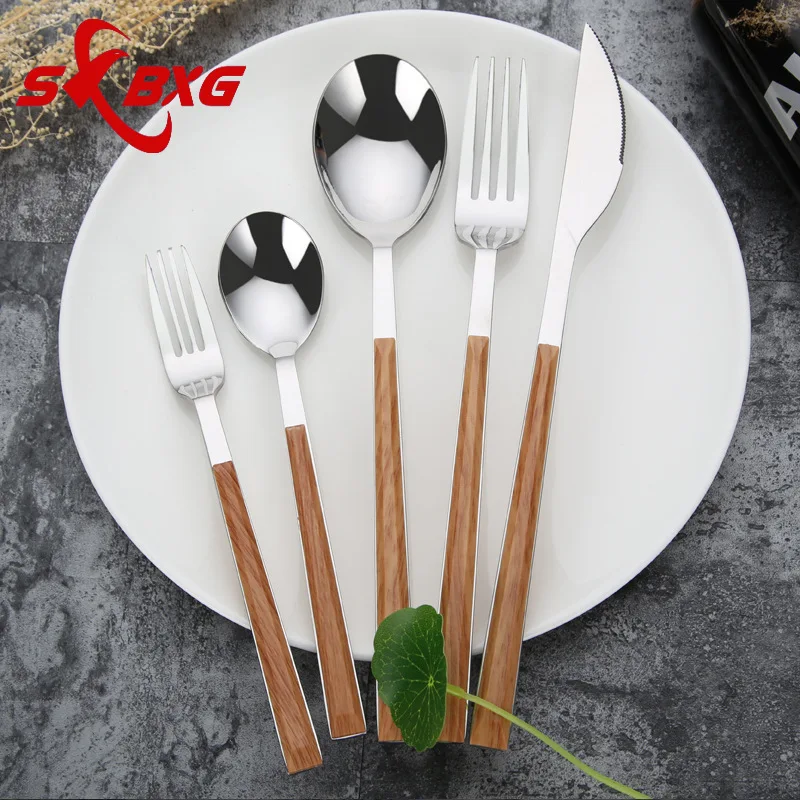 

Wooden Handle Western Tableware Set Stainless Steel Cutlery Set Knife Fork Spoon Teaspoon Dinner Set Service Dinnerware 5Pcs/set