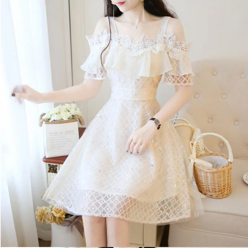 

Korean Sweet Elegant Chic Women Princess Style Lovely Dress Slash Neck Hollow Out Vestidos Tulle Lace Sequined Party Dress