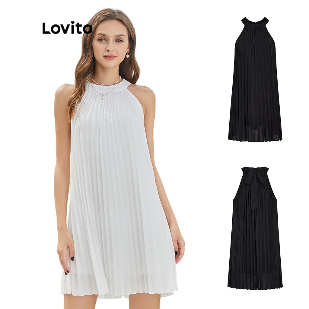 

Lovito Casual Plain Pleated Round Neck White Dress for Women L24AD025 (White)