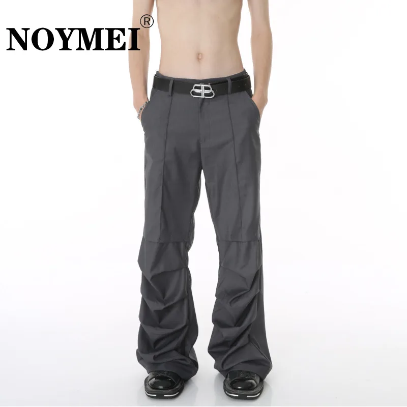 

NOYMEI Men Loose Personalized Pleated Stacked Design Casual Pants Korean Fashionable Solid Color Autumn Male Trousers WA1911