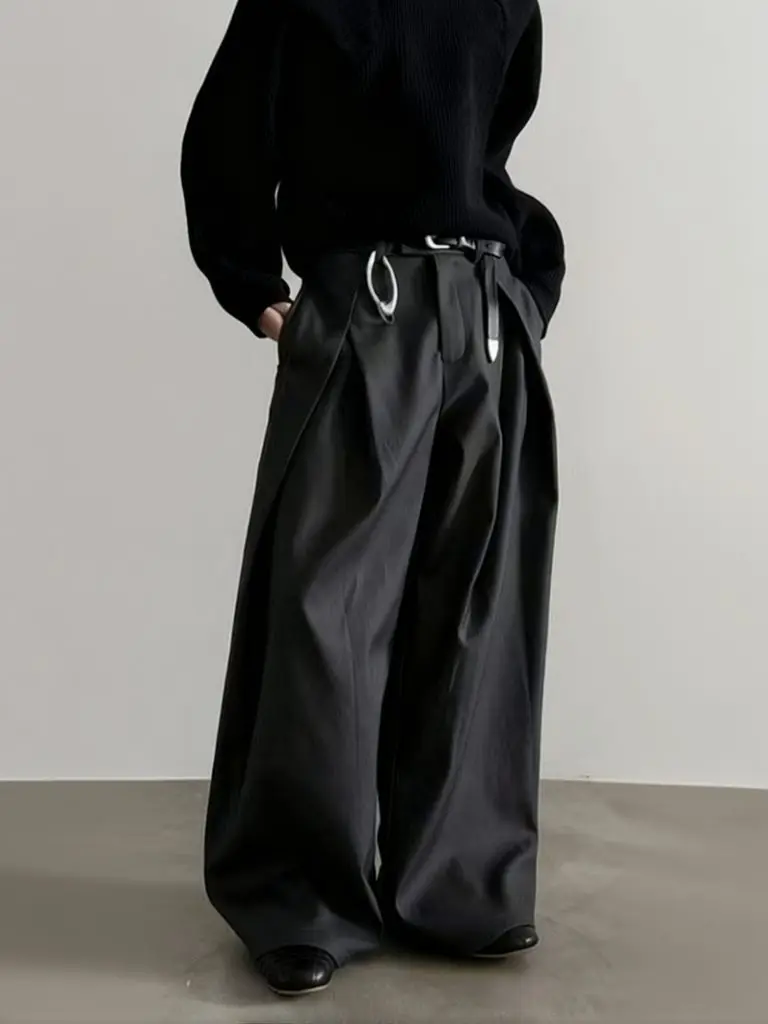 Фото Мужские брюки Harajuku Work Wear: широкие, плиссированные, прямые, длинные, для бизнеса и повседневной носки, в стиле стритвир, свободные, мешковатые №4