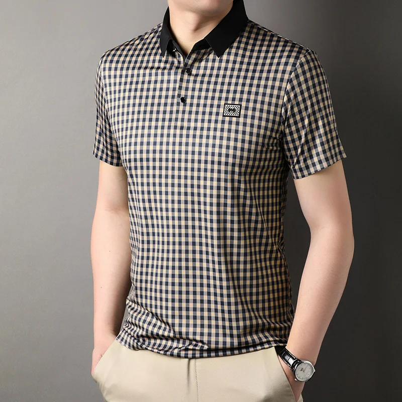 

Summer Plaid Printed High Elasticity Men's Polo Shirts Luxury Short Sleeve Business Casual Golf Man T-shirts Male Tees