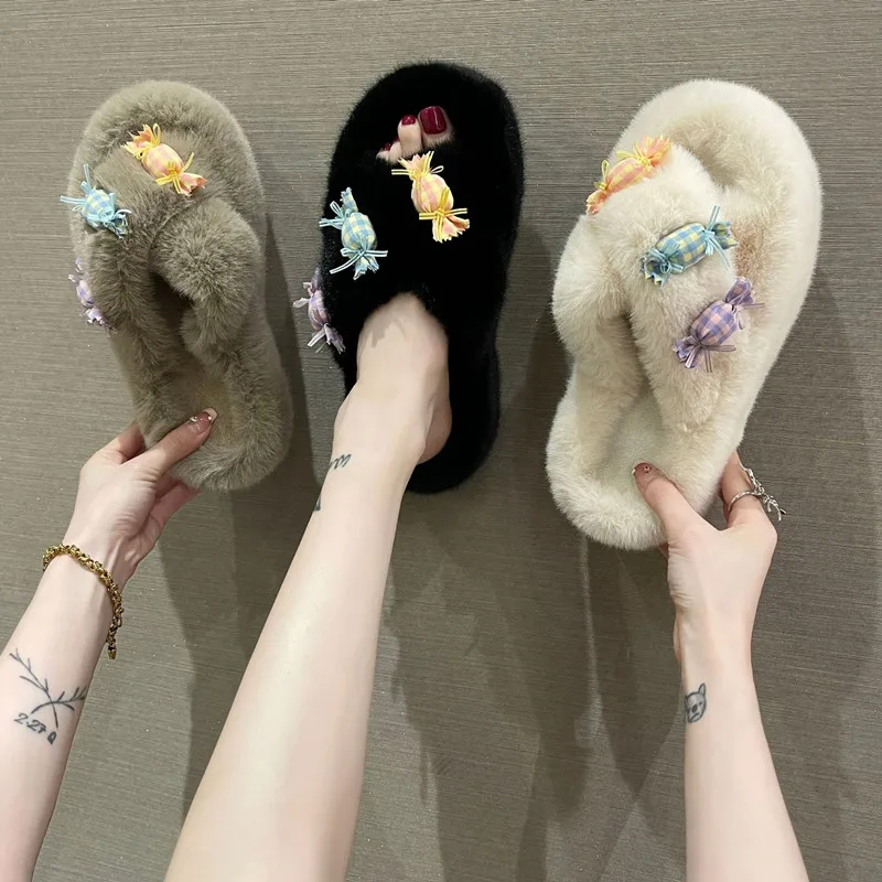 Open Toe Fluffy Slippers Women Winter Warm Flat Shoes Multicolored Faux Fur Outdoor Slippers Cross Plush Flip Flops Woman