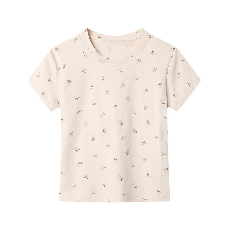 

Slim Girls Soft Cotton O Neck Vintage T-shirt 2022 Summer Office Ladies Casual Women Floral Bottoming Short Top