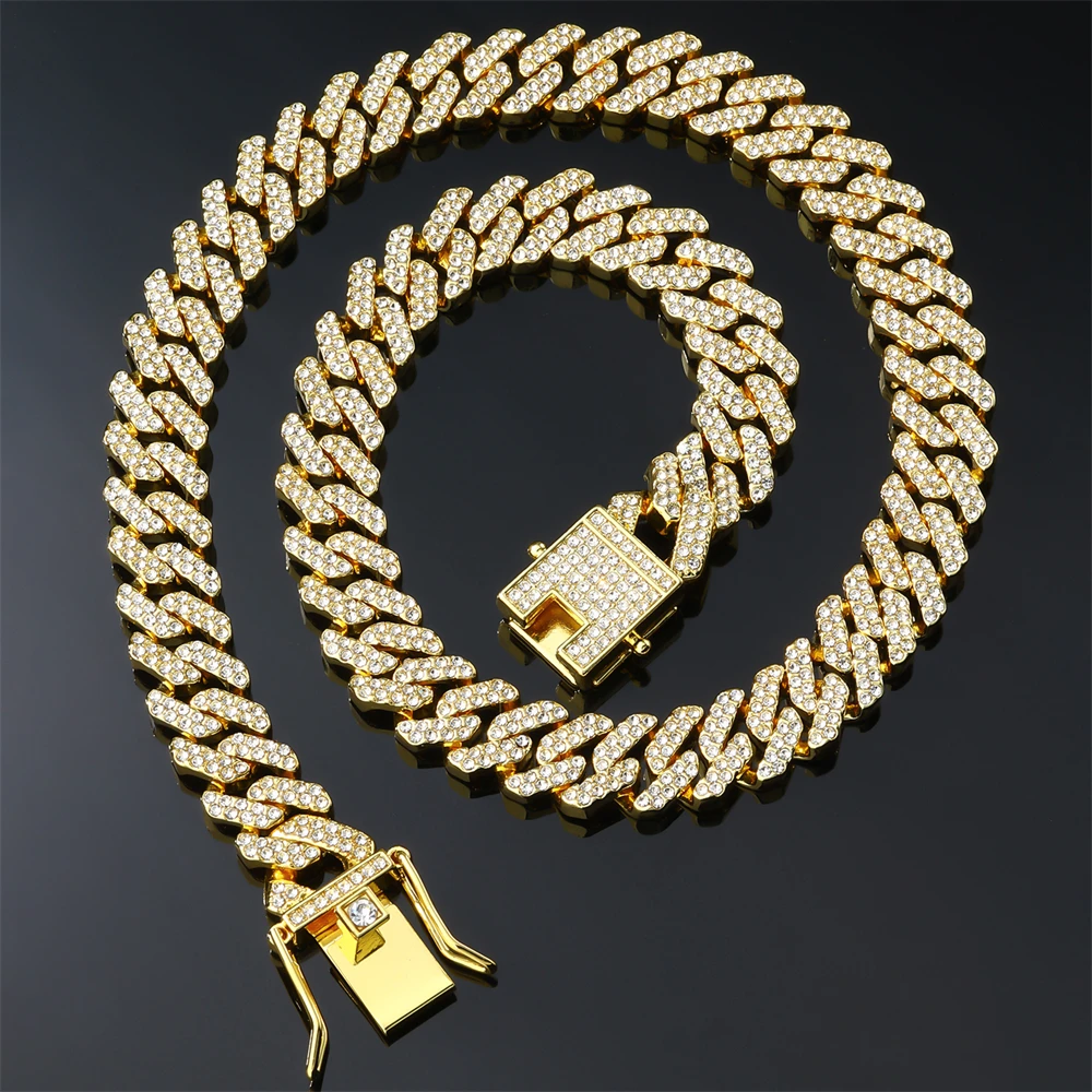 Цепь мужская из кубинской цепи с фианитами 12 мм 2 ряда