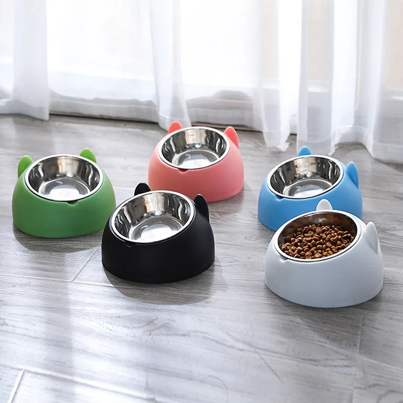 

Cat Dog Bowl 15 Degrees Raised Stainless Steel Non Slip Puppy Base Cat Food Drinking Water Feeder Tilt Safeguard Neck Pet Bowl