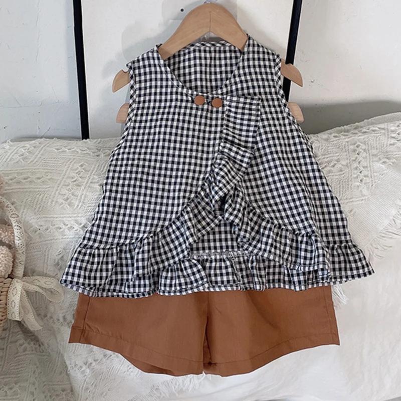 2022 Summer Clothing Set Girl Set Sleeveless Plaid Top+Shorts 2Pcs Casual Suit Outfit Baby Girl Clothes