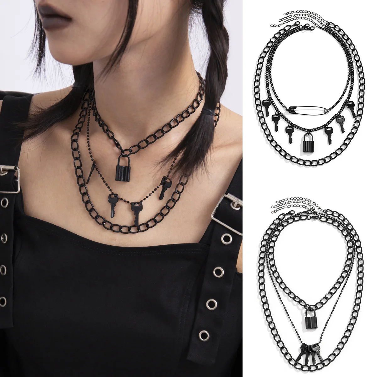

Multi Layer Lock Key Multi Layer Black Goth Punk Chokers Gothic Choker Necklace for Women Hip Hop Bondage Cosplay Collar