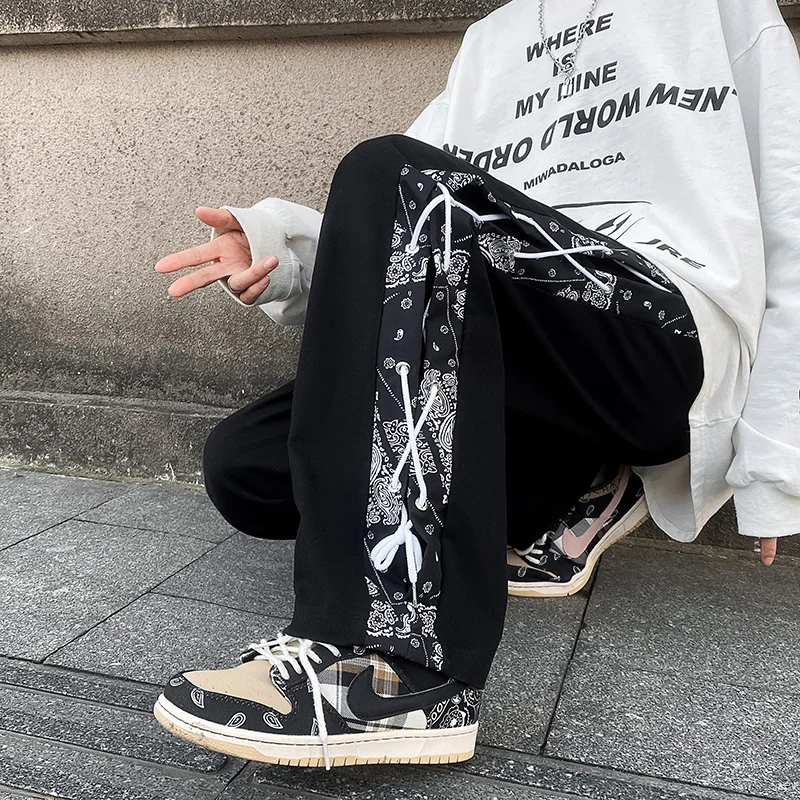 

Cross Tied Rope Cashew Flower Stitching Straight Pants Men's Ins High Street Dark Department Niche Fried Street Mopping Pants