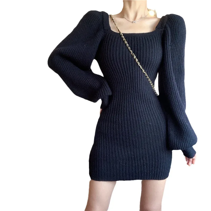 Spicy Girl Wearing Women's Square Neck Sweater Dress Autumn Winter New Pure Desire Wind Bag Hip Skirt Short