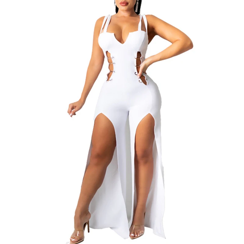 

Женский пикантный комбинезон без рукавов, комбинезон с запахом на лямках и широкими штанинами, комбинезон с двойным высоким разрезом, офисн...