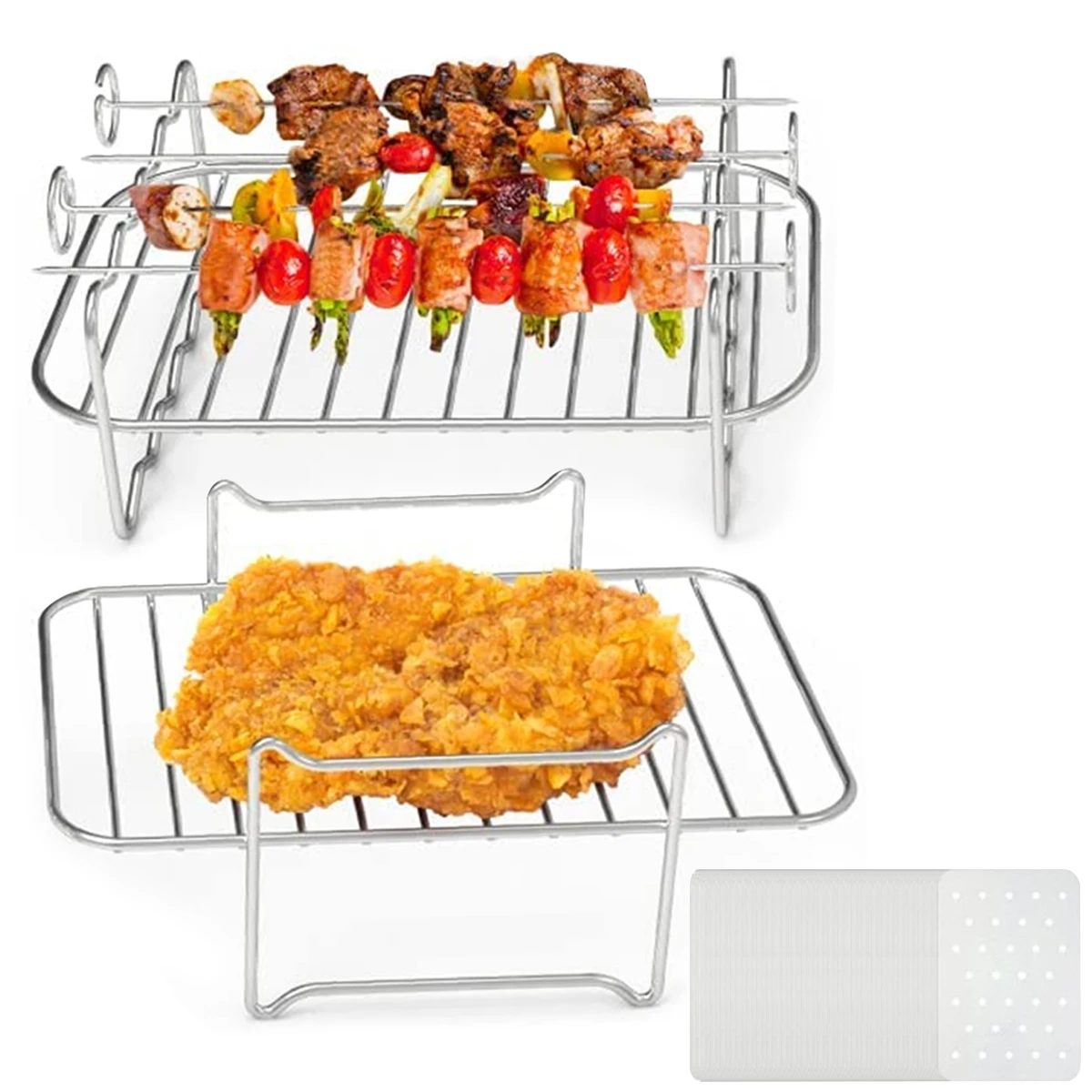 Stainless Steel Air Fryer Accessories with BBQ Sticks and BBQ Paper Non-stick Air Fryer Rack Multipurpose Double Layer