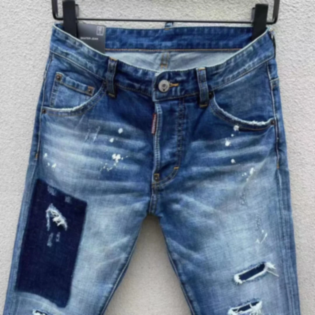 2023 Spring/Summer New D2 Jeans Men's Fashion Men's Water Wash Worn Hole Patch Paint Speckled Ink Small Foot Fit Blue