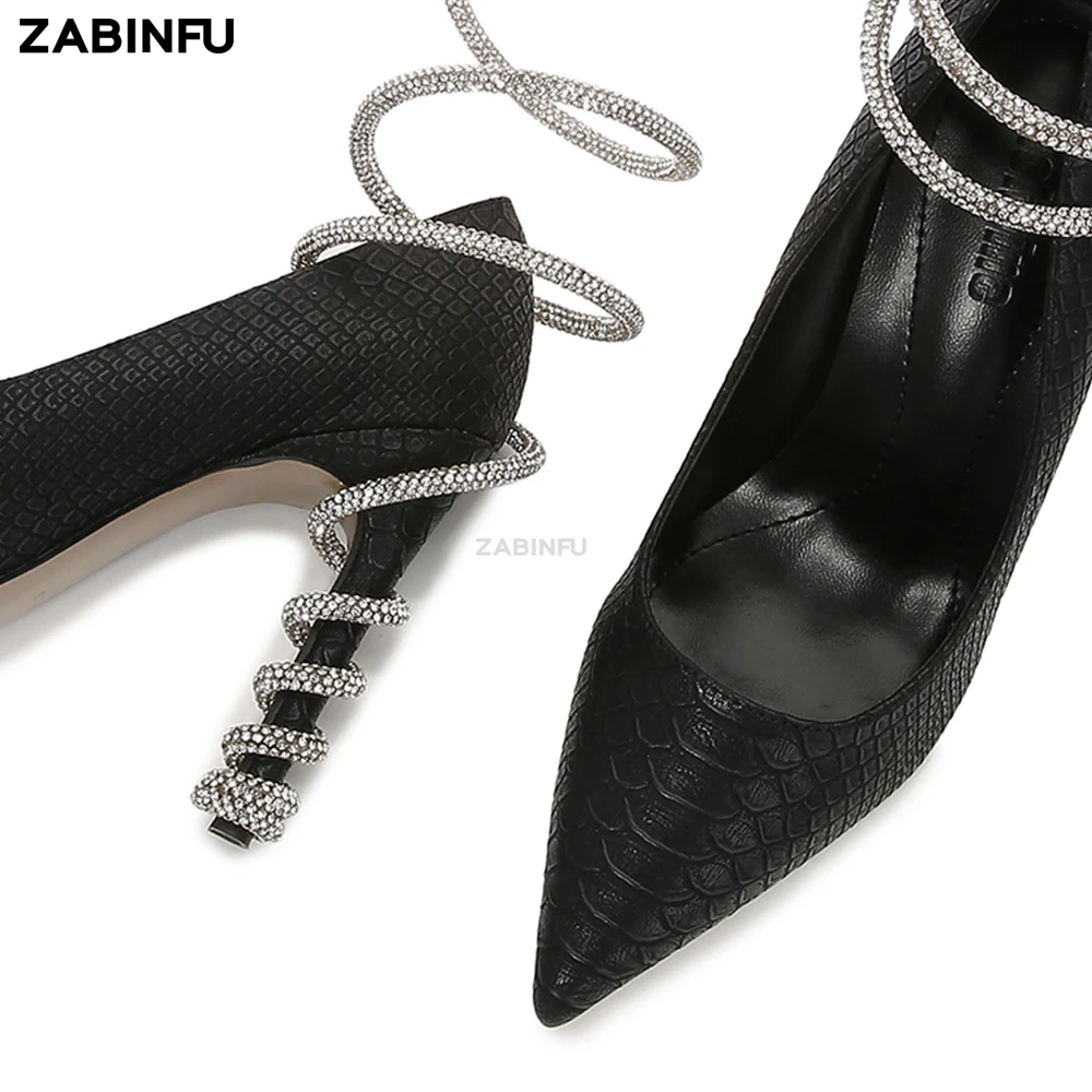 Snake Shape Rhinestone Strappy Heel for Women 2023 New Pointed Toe Black Women High Heels Party Prom Women Pumps