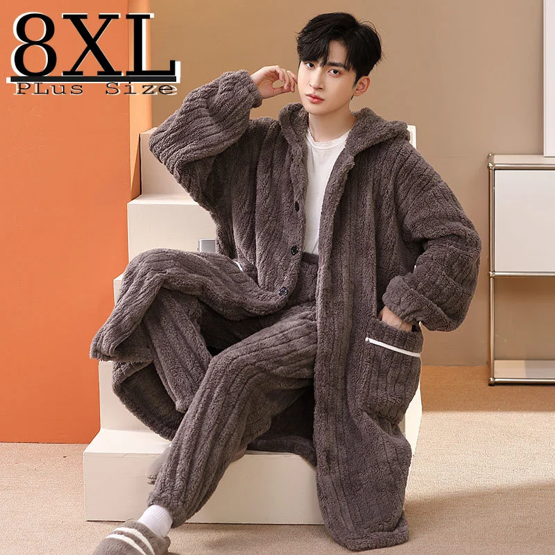 

Men Coral Flce Robe Set Winter Plus Size Kimono Thick Warm Bathrobe Flannel Men Robe Cold Pijama Hombre Cardigan Robes Gown