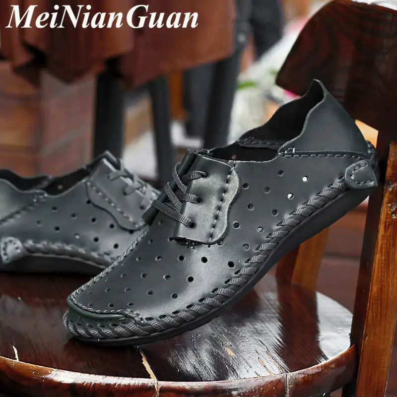 

Leather Men Shoes Big Size 50 Men's Sneakers Hollow Handmade Mens Shoes Casual Fashion Light Moccasin Man Comfort Low Loafers L9