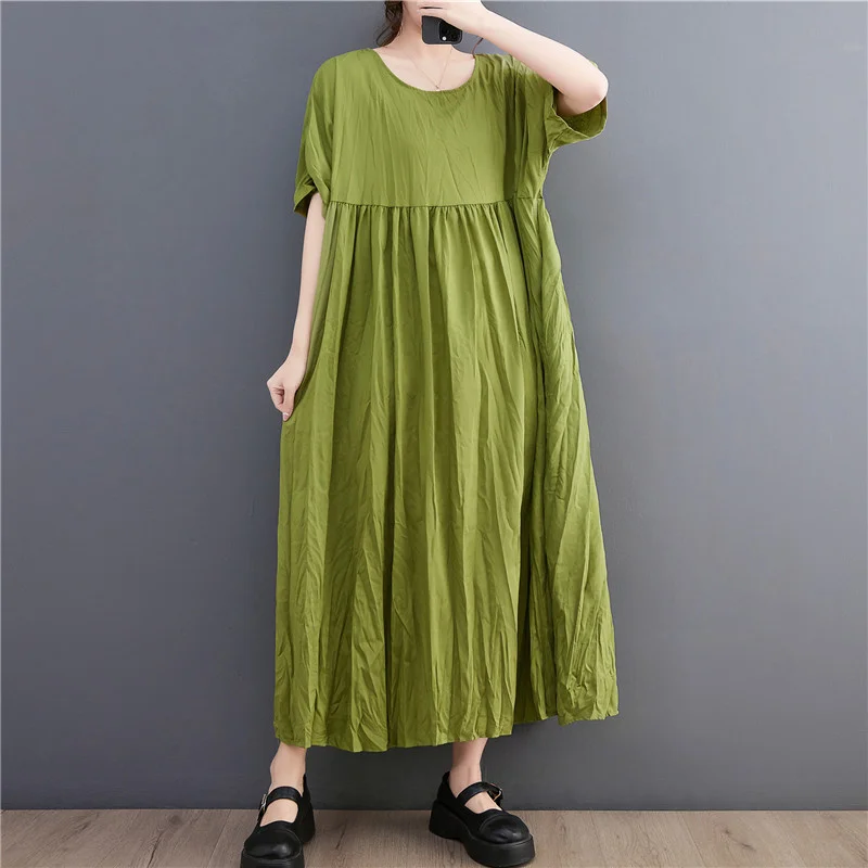 

#3656 Summer Cotton Linen Dress Women Loose Side Pockets Solid Color Long Dress Short Sleeve Vintage Pleated A-line Dress Female