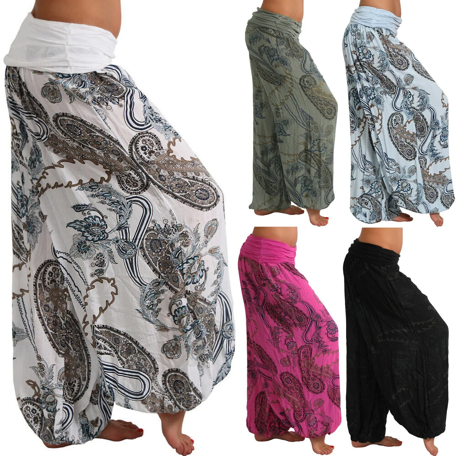 

Women Bohemian Floral Print Long Pants 2022 Mid Waist Vintage Harem Pants Elastic Waist Boho Beach Trousers fashion S-5xl