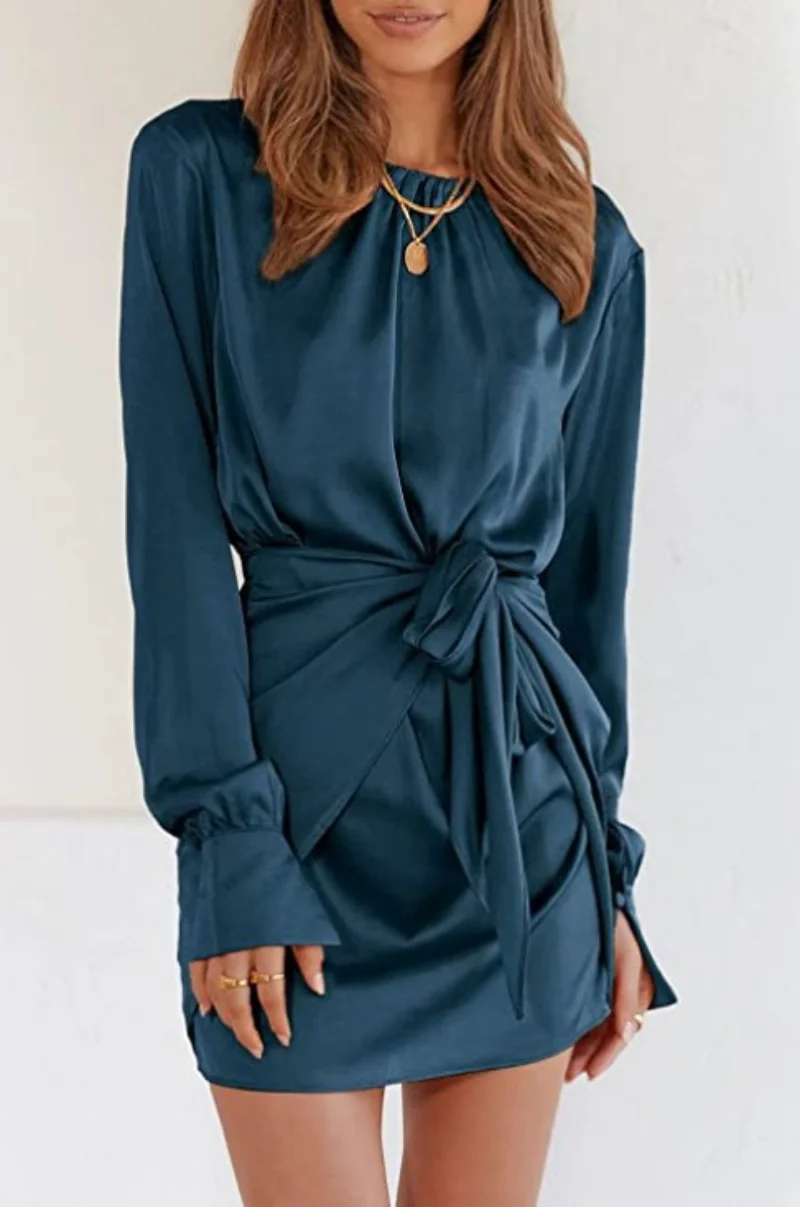 Vintage Women's Banquet Party Dresses Round Neck Elastic Tie Waist Long Sleeve Solid Skirt Elegant Prom Dress for Women Vestidos